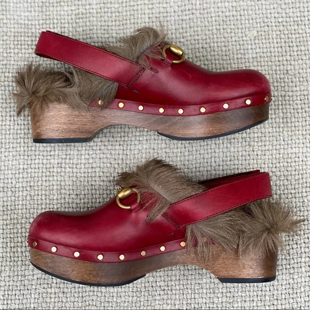 Gucci Amstel Horsebit red leather slingback accent round toe fur trim clogs - Picture 10 of 17